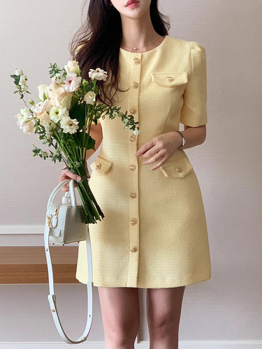 高级感粗花呢泡泡袖袖连衣裙短裙