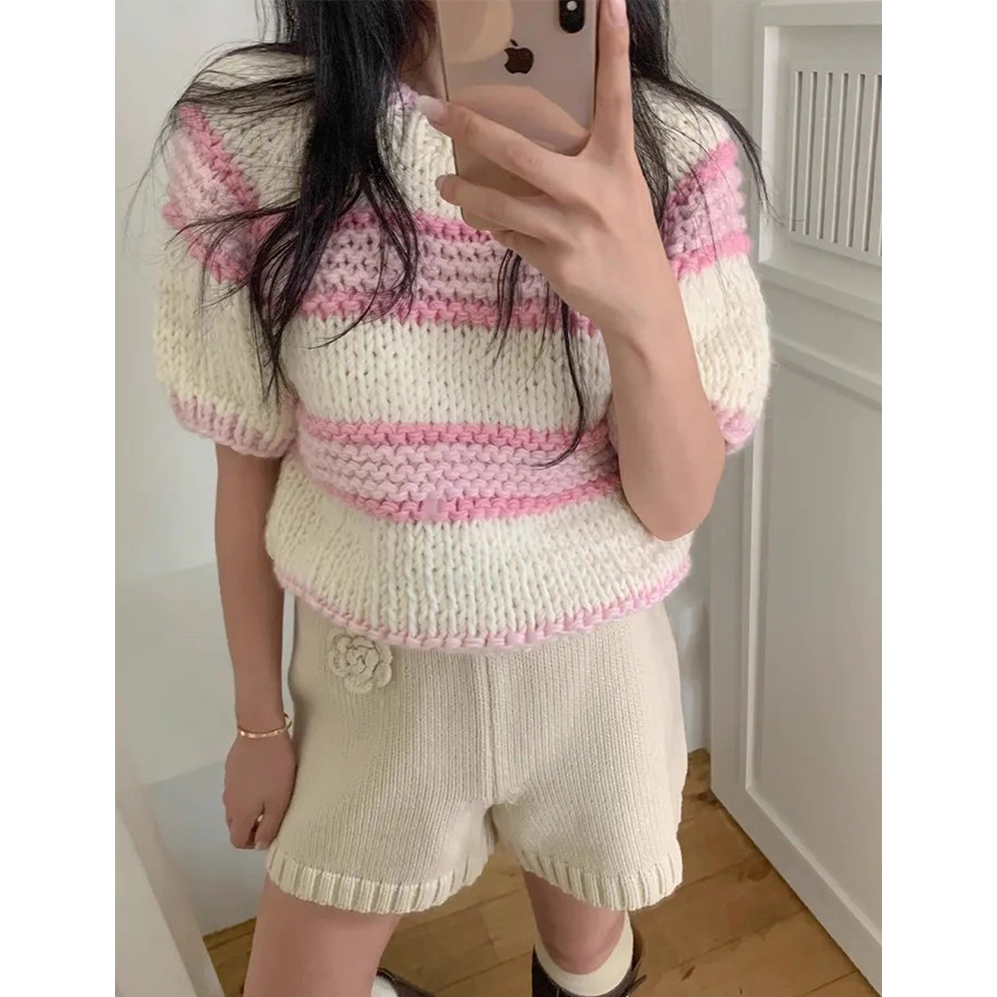 甜美撞色条纹粗线针织衫毛衣