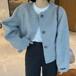 韩国chic秋冬法式 毛呢外套女 高级感圆领单排扣宽松休闲百搭长袖