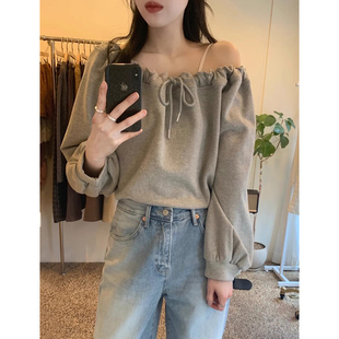 设计感斜领露肩抽绳宽松休闲百搭纯色长袖 上衣女 法式 韩国chic春季