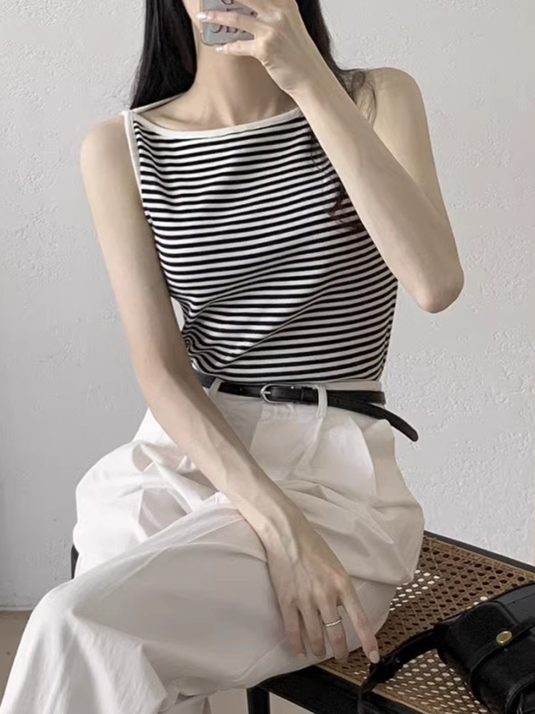 韩国chic夏季复古百搭一字领修身显瘦撞色内搭条纹背心吊带上衣女