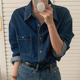 上衣女 水洗牛仔衬衫 韩国chic秋季 洋气复古翻领明线设计宽松长袖
