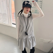 学院风口袋拼接裙摆连帽无袖 连衣裙女早春新款 宽松百搭卫衣裙短裙