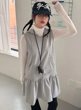 口袋拼接裙摆连帽无袖连衣裙女