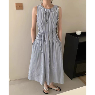 新款 良良家度假风撞色口袋条纹背心连衣裙女夏季 复古收腰显瘦长裙
