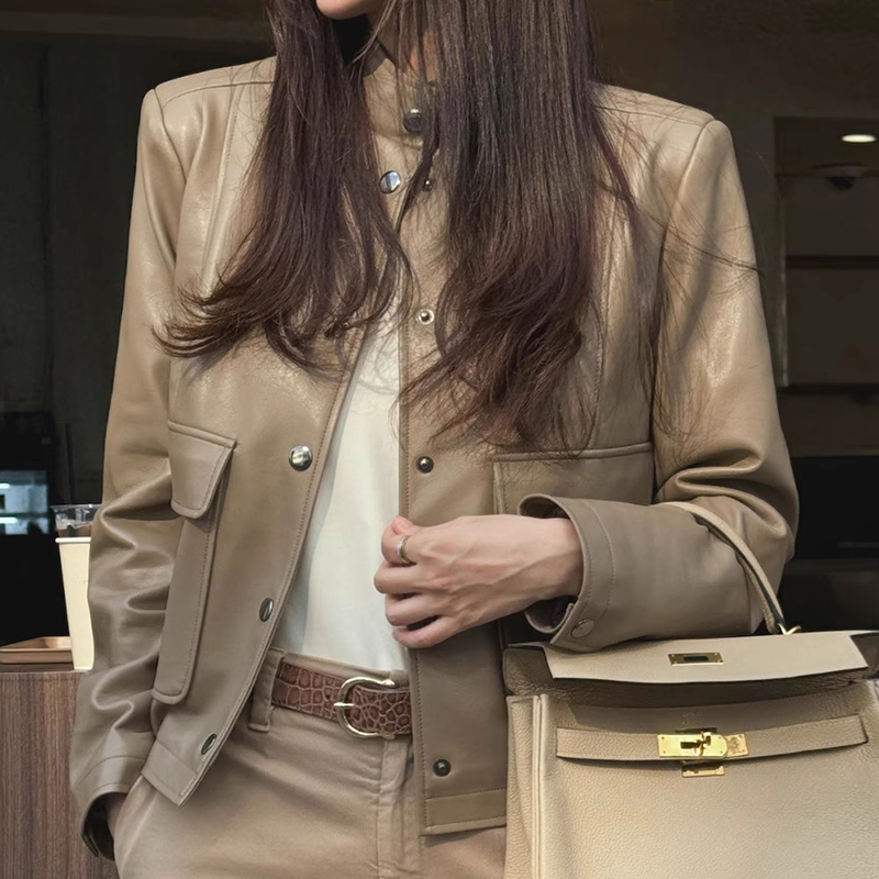 韩国chic秋季复古帅气立领暗扣大口袋宽松PU皮衣短款机车服外套女