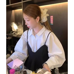 新款 叠穿荷叶边吊带套装 小众百搭宽松灯笼袖 女 衬衫 韩国chic秋季