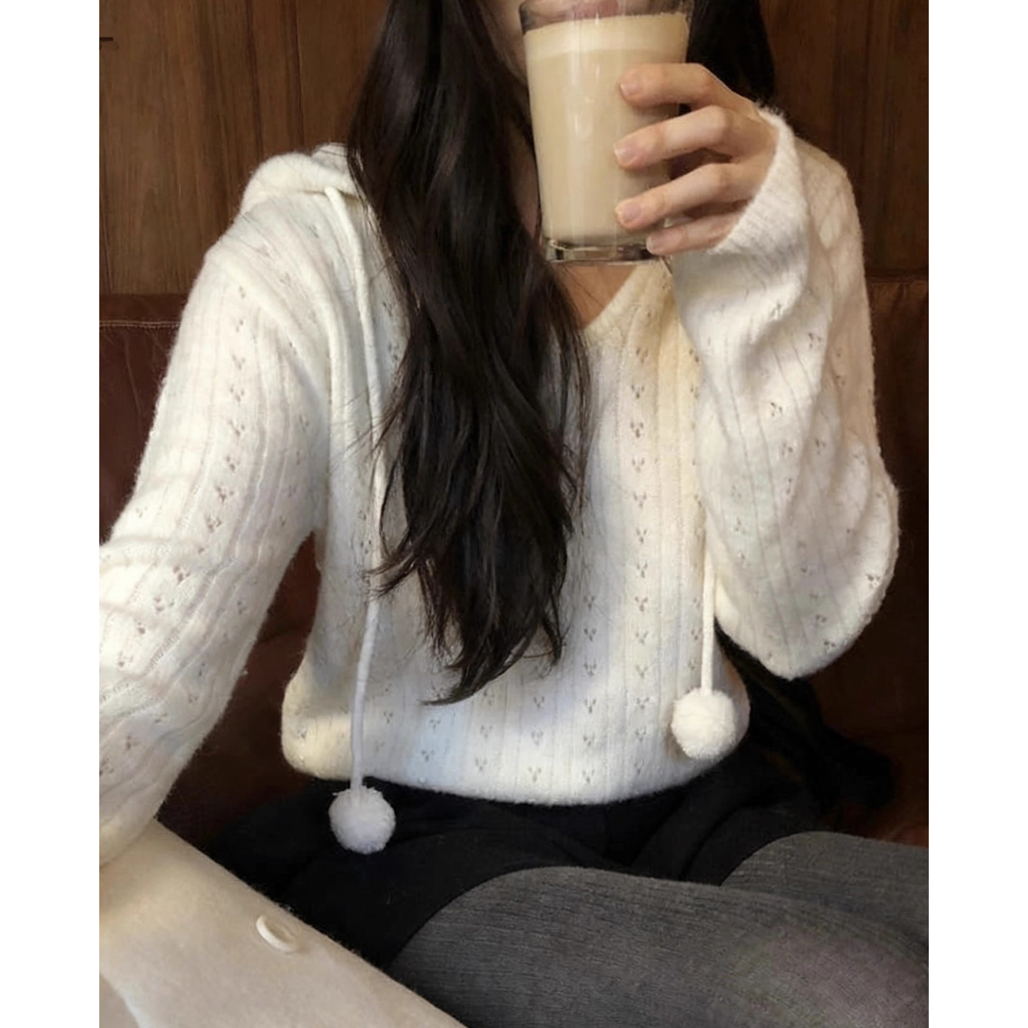 甜美减龄镂空提花立体球球连帽针织衫女2025秋季新款百搭纯色毛衣