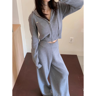 时尚套装短款连帽针织卫衣外套女2025秋季新款高腰休闲直筒长裤子