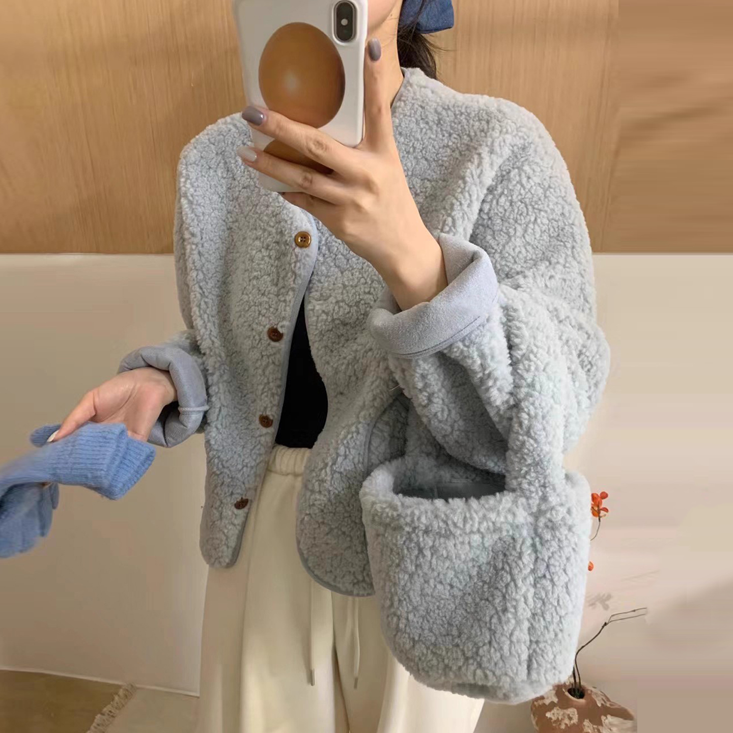 单排扣短款纯色羊羔毛外套