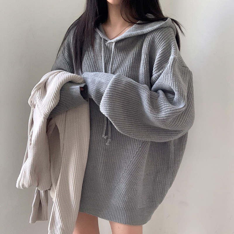 chic连帽抽绳设百搭针织衫毛衣女