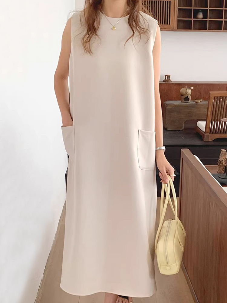 双口袋西装直筒裙背心连衣裙