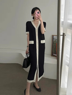 韩国chic夏季 针织连衣裙 复古气质V领单排扣撞色拼接设计口袋短袖