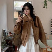 韩国chic秋季 法式 美拉德复古棕色系鹿皮绒棒球服帅气机车外套女