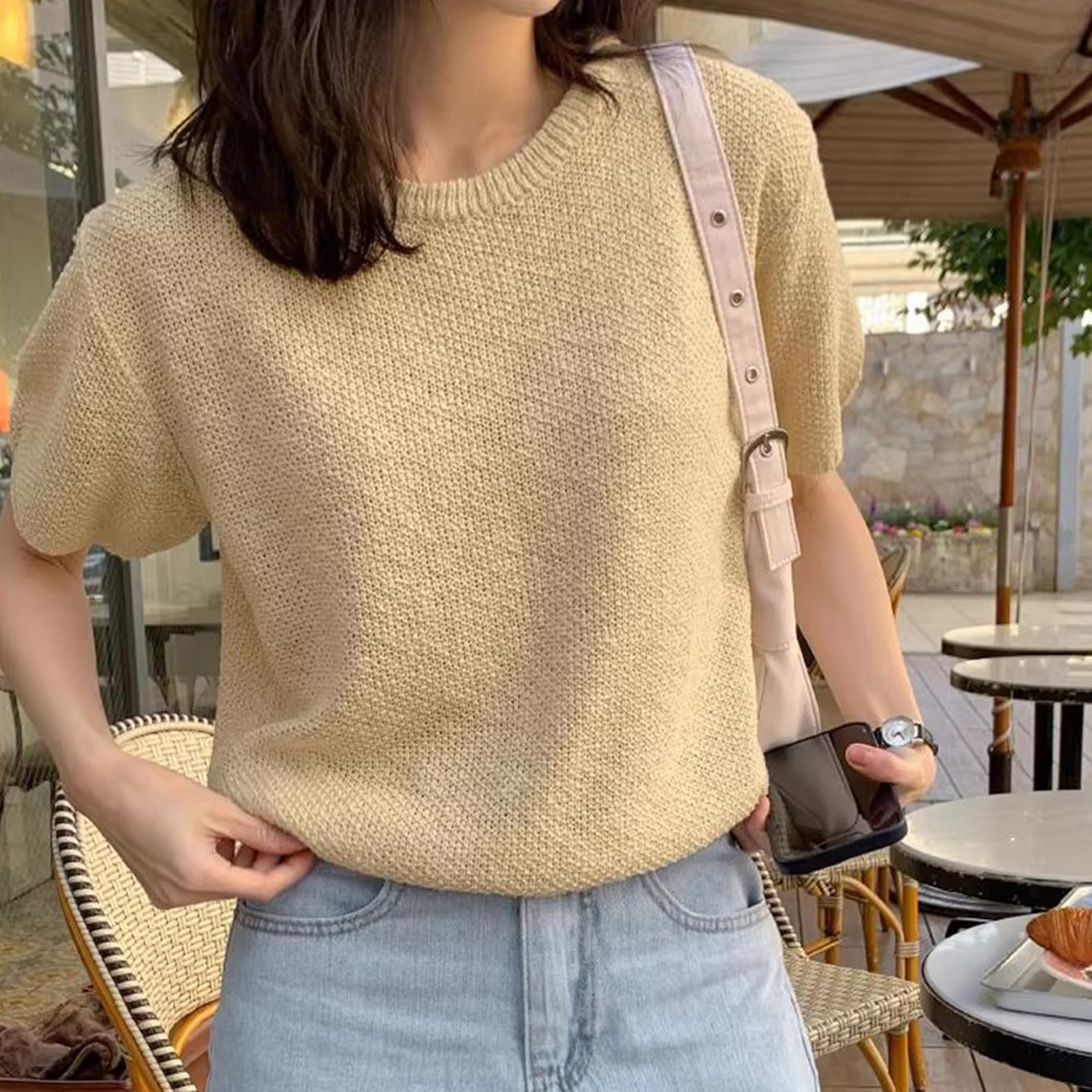 良良家夏季新款慵懒风华夫格圆领纯色短袖套头薄款针织衫上衣女