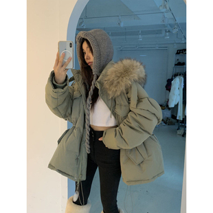 良良家高级感大毛领连帽棉服外套女冬季新款抽绳收腰加厚保暖棉衣