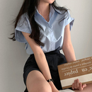 上衣女 韩系chic夏季 简约基础款 百搭翻领单排扣宽松纯色短袖 衬衫