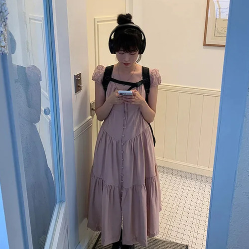 单排扣泡泡袖连衣裙蛋糕长裙女
