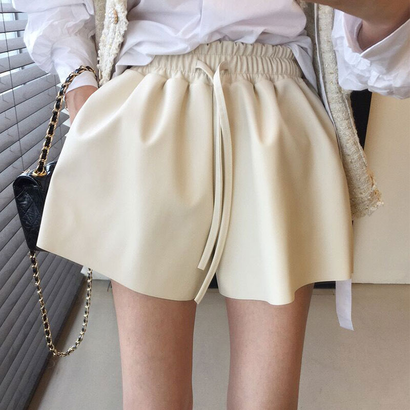 韩国chic抽绳系带PU皮阔腿休闲裤