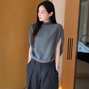 良良家 韩国chic气质斗篷式无袖针织衫女春季新款半高领套头毛衣