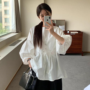 慵懒风纯色褶皱圆领单排扣长袖 女早春新款 宽松百搭打底衫 上衣 衬衫