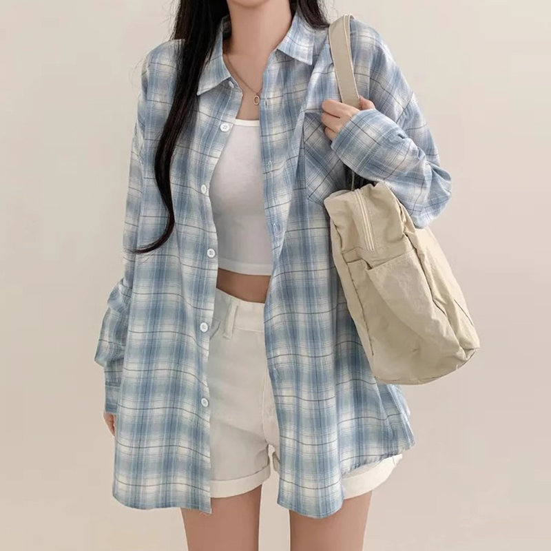 减龄薄款蓝色格子防晒衬衫外套