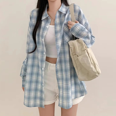减龄薄款蓝色格子防晒衬衫外套