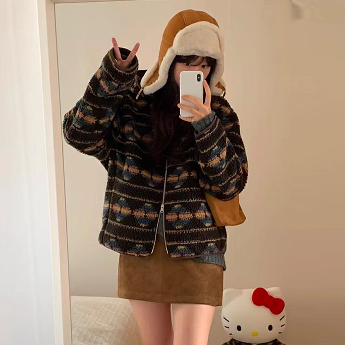 费尔岛提花双拉链连帽羊羔毛外套