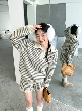 慵懒polo领条纹毛衣休闲短裤套装