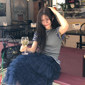 良良家复古小众条纹T恤女夏季 新款 叠穿背心网纱蛋糕半身裙三件套