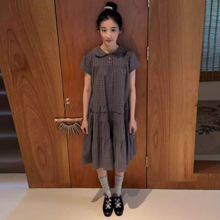 良良家复古风格子娃娃领短袖连衣裙女夏季新款减龄小个子蛋糕裙