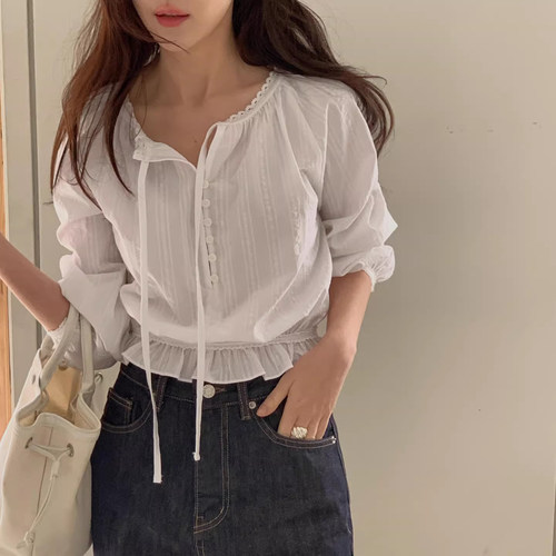 小清新花边系带泡泡袖衬衫女
