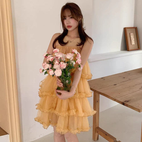 木耳边拼接层层网纱吊带连衣裙女