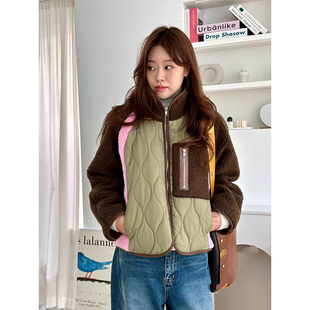 复古立领撞色拼接羊羔毛短外套女冬季宽松加厚保暖短款棉服上衣