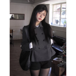 学院感双排扣拼接压褶西装毛呢短外套女2025冬季百搭显瘦呢子上衣