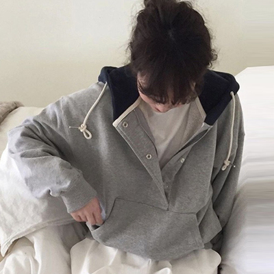 chic连帽撞色设计单排扣长袖卫衣