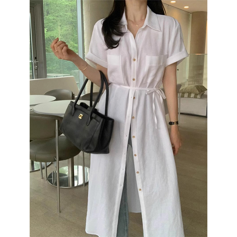 法式复古翻领单排扣衬衫连衣裙女