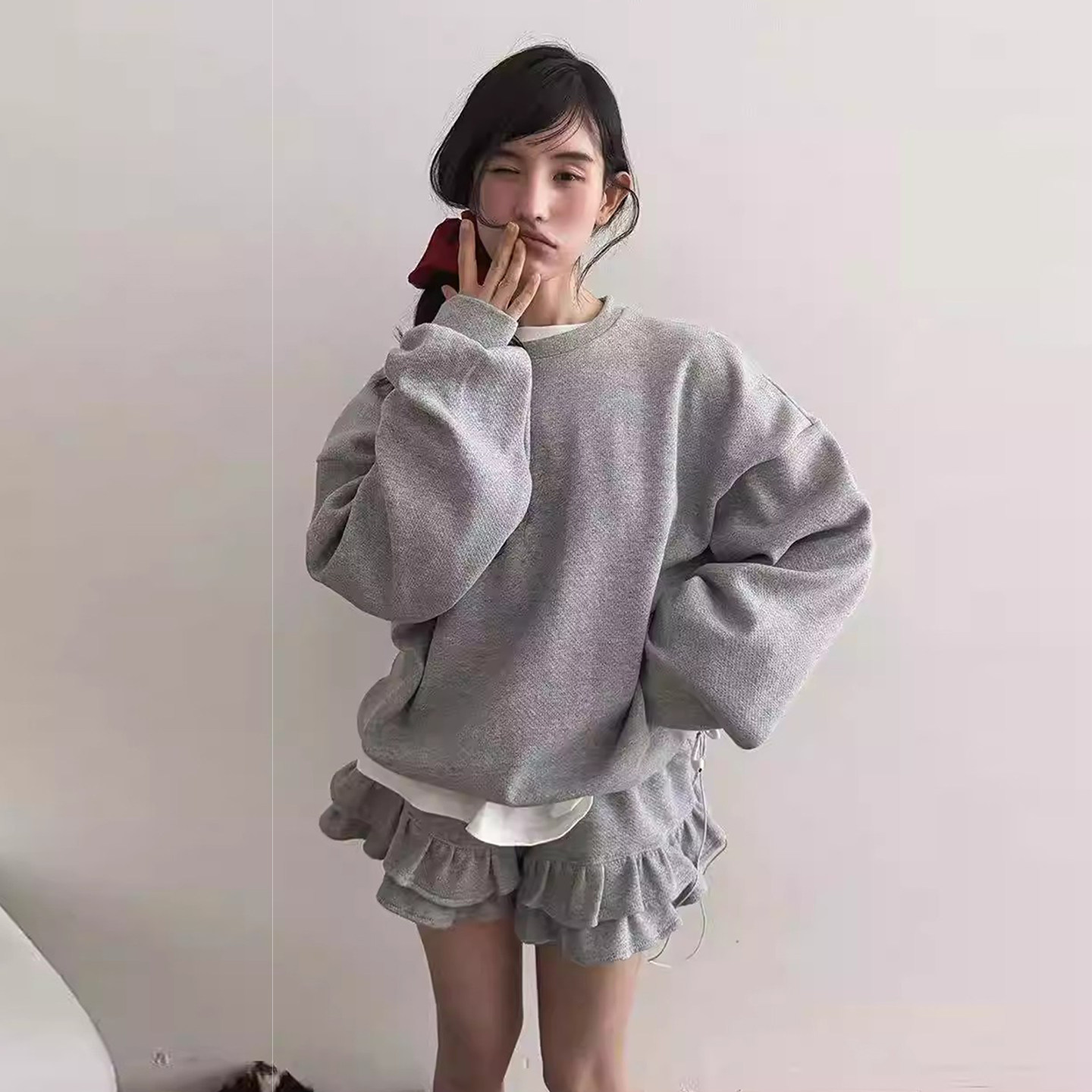 时尚套装华夫小格纹圆领长袖卫衣女早春新款荷叶边高腰短裤两件套,女装/女士精品,时尚套装,淘宝优惠券,粉丝福利购,淘宝优惠卷