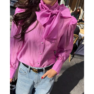 时尚 绸面长袖 优雅高领系带珍珠扣点缀衬衫 新款 衬衣 女春季 良良家