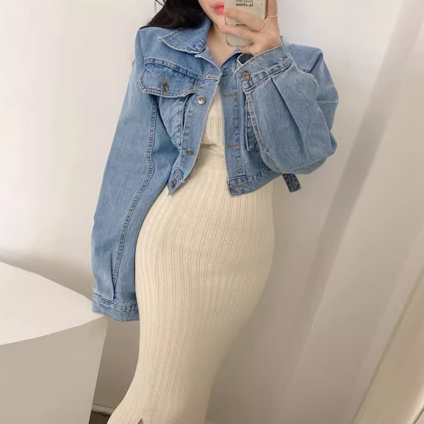 良良家 设计感工装蝙蝠袖短款牛仔外套女春季新款休闲夹克上衣