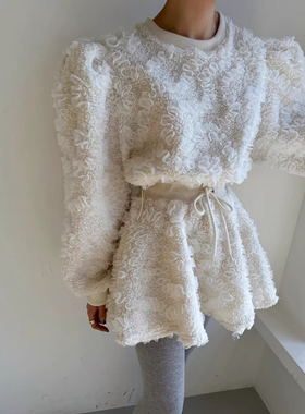 时尚套装重工蕾丝木耳边羊羔毛卫衣女2025冬季新款高腰抽绳半身裙