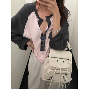 韩国chic秋季小众设计感撞色拼接宽松休闲长袖打底衫T恤上衣女