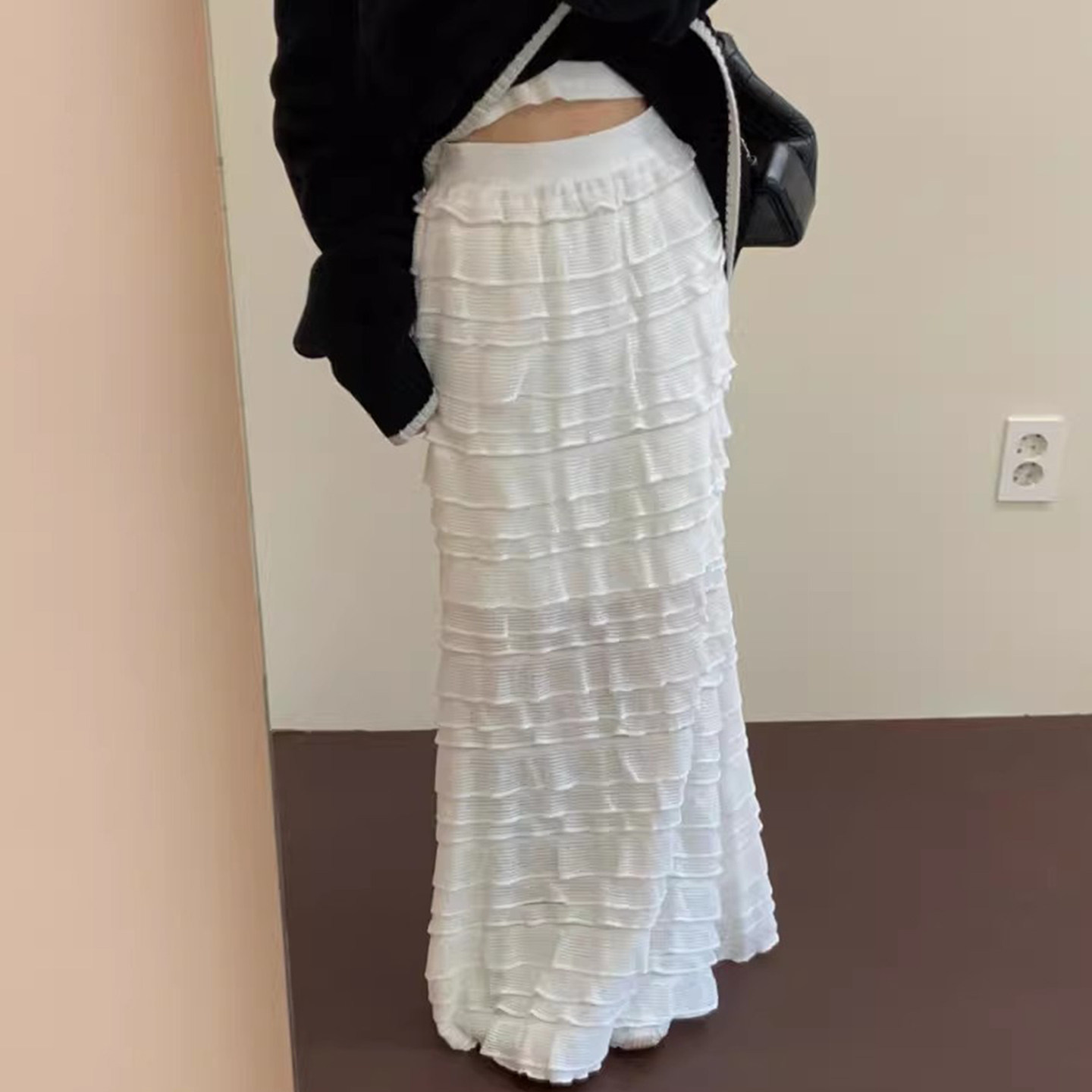 甜美减龄纯色拼接木耳边开叉半身长裙女早春季新款修身百搭包臀裙