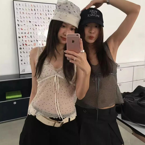 波点系带薄款背心别致上衣女