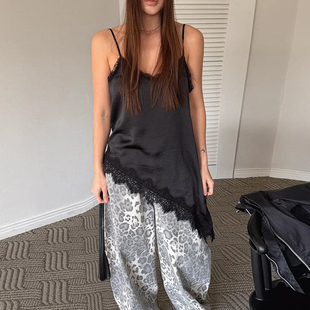 法式 缎面简约上衣 新款 良良家设计感蕾丝拼接不规则下摆吊带女夏季