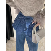 女 后腰立体蝴蝶结设计感高腰百搭牛仔长裤 韩国chic春季 复古个性
