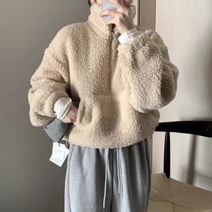 小众减龄立领半拉链毛茸茸羊羔毛卫衣女2025冬季新款口袋抽绳上衣
