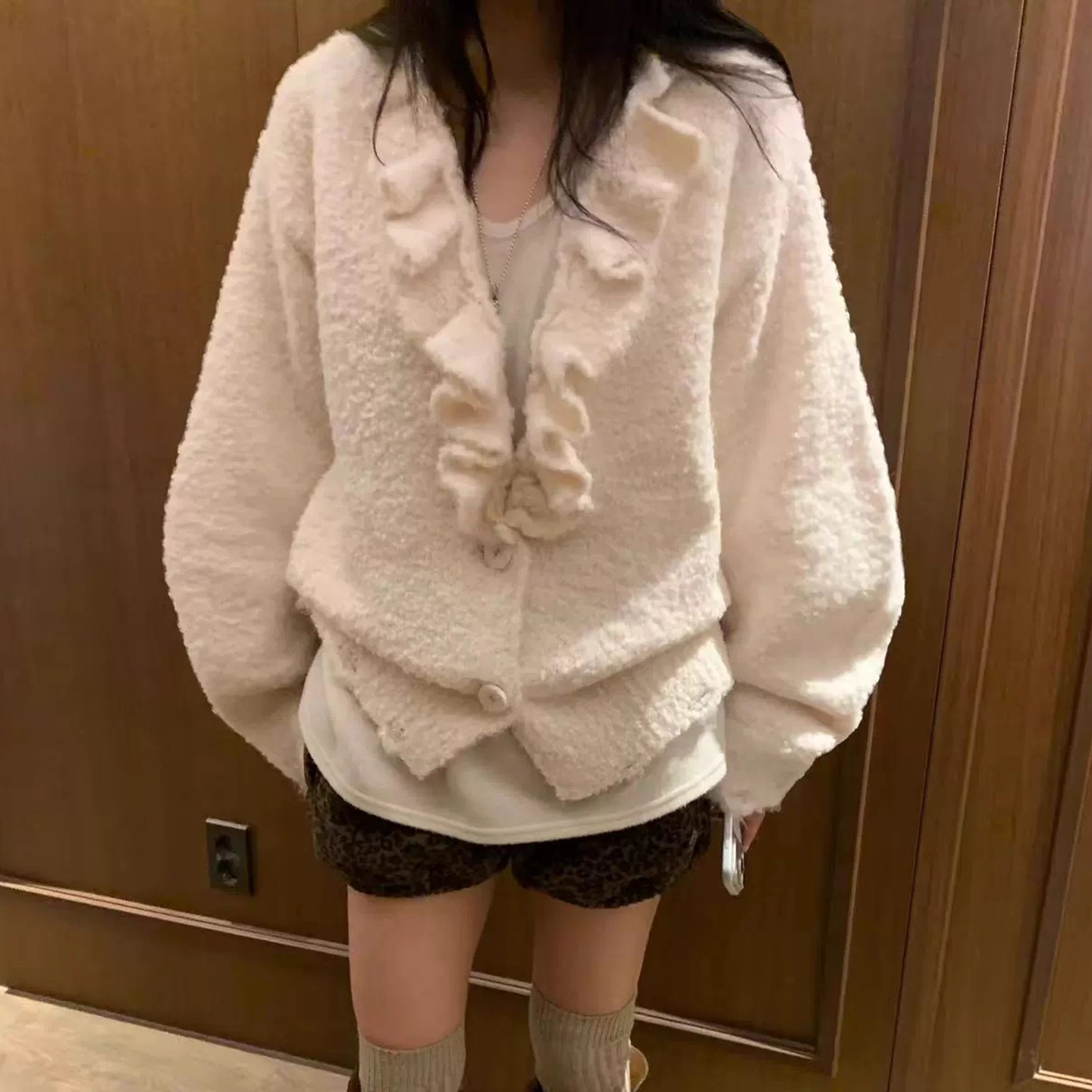 褶皱木耳花边V领毛衣开衫外套