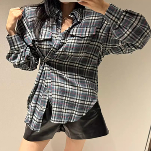 设计感拼色格子口袋翻领长袖衬衫女早春季新款气质百搭不规则上衣