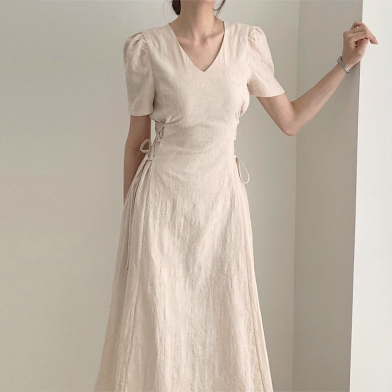 韩国chic气质法式花纹短袖连衣裙